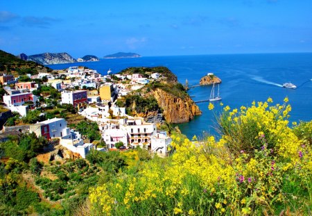 Beautiful coastal town - cottage, sky, coast, gorgeous, amazing, view, clouds, green, grass, houses, ocean, boats, summer, sailing, nature, village, town, blue, waters, flowers, cabin, sea