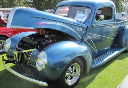 Ford 1941 blue truck - tires, headlights, blue, Engine, grass, Photography, truck, nickel, black, Ford, red, green