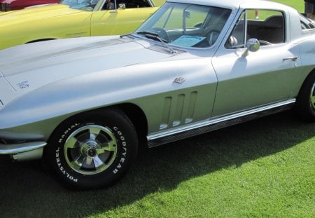 1966 Chevrolet Corvette coupe - silver, chevrolet, black, photography, corvette, tires, green, grass