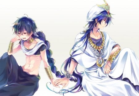 Judal & Sinbad - anime, crying, long hair, judal, turban, boys, purple hair, thousand and one nights, ohtaka shinobu, arabian clothes, sinbad, magi, yaoi, simple background, red eyes, manga, holding hands, braid, shounen ai, the labyrinth of magic