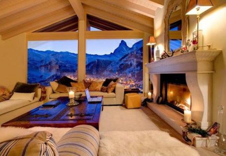 interior - view, sofas, soft, fireplace, mountains