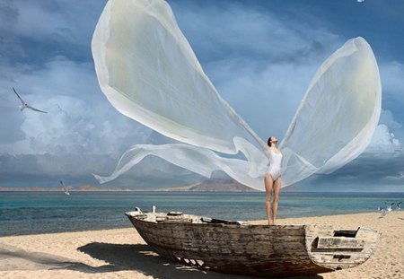 MY WINGS... - sea side, woman, fly, wings