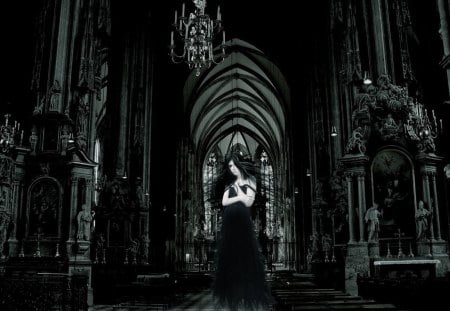 Lost Soul - chandeliers, crosses, ghost, spirit, Halloween, gothic, church, statues, goth, lights, lamps