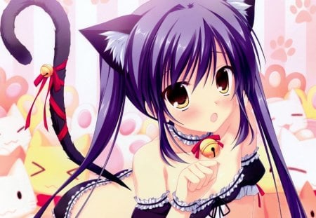 Rukawa Sara - anime, yellow, brown, eyes, cleavage, pink, tail, paws, purple, red, ribbon, hd, dark hair, neko, twintails, girl, blush, orange, cat, cute, background, wallpaper, kitty, underwear