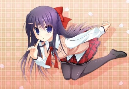 Yuki Natsume - hair, eyes, purple, dark, anime, ribbon, cute, skirt, girl, background, light, school, wallpaper, violet, hd, blue, red, uniform, blush