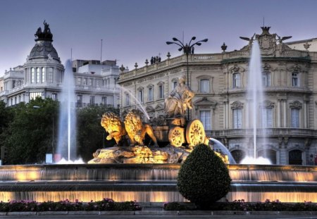 cibeles fountain in madrid spain - fountain, buildings, statue, lights