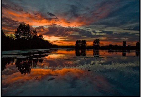 Sunset on Gommie Hood - clouds, abstract, trees, water, natue, gommie hood, sunsets, reflection