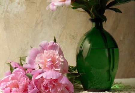 peonies - flowers, green vase, still life, pink peiomies