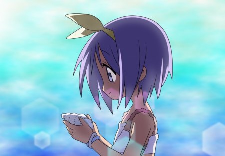 Hiiragi Tsukasa - lucky star, anime, girl, cute, sea, purple hair, hiiragi tsukasa