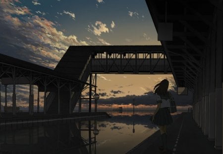 Long Walk Home - anime, bridge, scenic, school girl