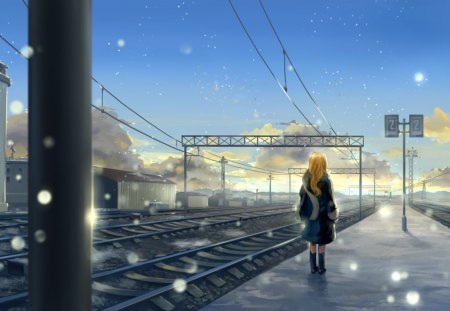 Snowy Melody - train, station, alone, platform