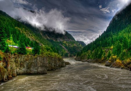 Mountain travel - summer, mountain, path, train, cliffs, nice, sky, clouds, greenery, trees, beautiful, travel, lovely, peaks, slopes, nature, green