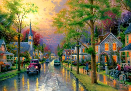 Rainy afternoon - pretty, villas, reflections, cars, summer, people, church, alleys, bike, countryside, rain, streets, nice, houses, sky, sun, clouds, sunlight, beautiful, wet, lovely, village, afternoon, glow, colorful, nature, painting, cabins, cottages, peaceful, shine, drivers