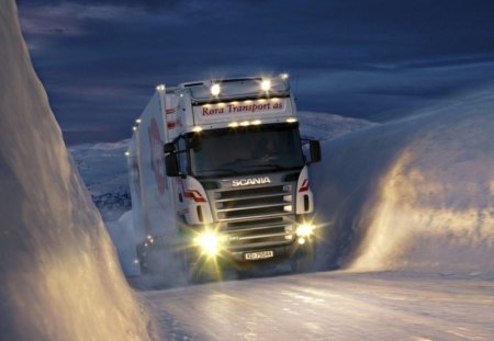 winter road - truck, snow, night, winter