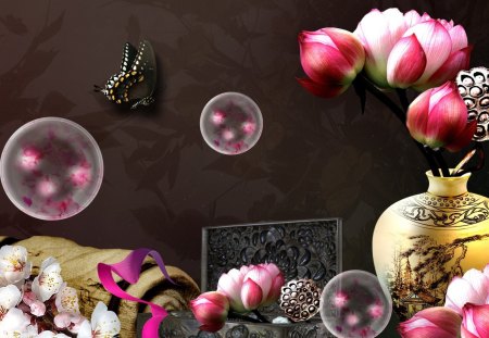 Oriental Elegance - japanese, pappilon, bubbles, vase, peonies, butterfly, fleurs, box, sakura, oriental, flowers, cherry blossoms, chinese, bamboo