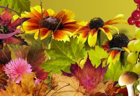 Perfect Autumn - mountain ash, daisy, gold, leaves, flowers, berries, fall, autumn, bright, mushrooms, ribbon, dahlia, gerbera