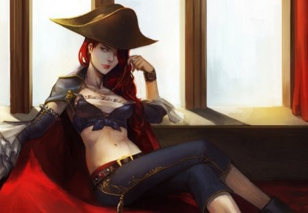 Stunner of the Seas - redhead, miss fortune, league of legends, hot, pirate, girl