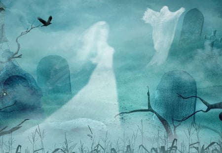 Haunted by Her Dreams - birds, raven, mystical, haunted, gravestones, scary, mist, halloween, creepy, fog, haunting, gothic, tree, goth, cemetery, graveyard, graves, ghosts