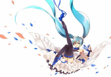 Hatsune Miku - tears, anime, vocaloidmblue, vocaloid, female, hatsune miku, music, headphones, jpn, jump, singing synthesizer application, nvel, twintails, miku append, girl, persona, manga, smile, miku, aqua eyes, aqua hair