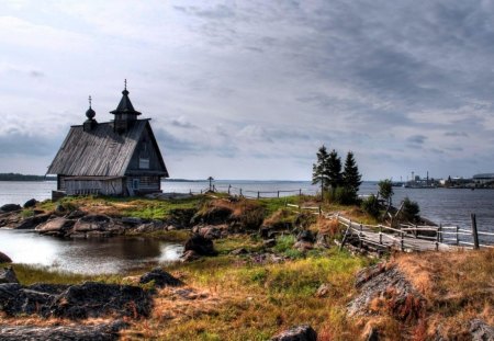 little chapel on a point in the harbor - harbor, chapel, point, bridge