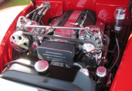 1941 Ford Engine - black, Ford, engine, silver, red, Photography