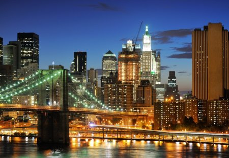 New York - amazing, skyline, evening, splendor, city lights, view, skyscrapers, houses, sky, clouds, house, water, beautiful, miasto, architektura, city, beauty, mosty, lovely, architecture, buildings, river, nature, sunset, budynki, new york, peaceful, bridge, building