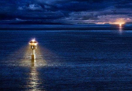 Blue Night - blue, splendor, night, light, reflection, view, sky, ocean view, clouds, blue night, beautiful, sea, beauty, lovely, ocean, nature, peaceful