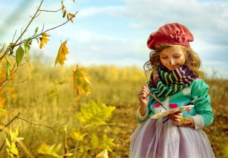 Sweet Girl - hair, eyes, face, little, hands, little lady, adorable, nature, beautiful, leaves, sweet, happy, beauty, autumn, sky, trees, leaf, autumn leaves, painting, pretty, clouds, hand, painter, tree, brush, love, kid, girl, autumn splendor, lovely, autumn colors, splendor, smile