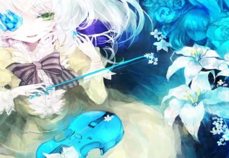 Touhou - women, beauty, blue flower, girl, magic, music, white, violin player, blue, beautiful, anime, flowers, cute