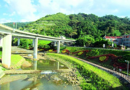 Scenery - trail, mountain, the floral wall, scenery, house, bridge