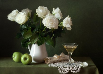 * White roses * - glass, roses, melody, delicate, notes, bouquet, still life, white roses, petals, ribbon, flowers, apple