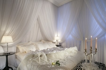 * For romantic night * - pearls, romantic, beautiful, candle, room, lamp, love, flower, curtain, bed, white, passion, rose, pillow