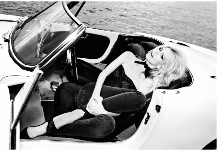 Claudia Schiffer - guess 5 - pretty, star, classy, claudia schiffer, fashion, guess, corset, elagant, car, blond, face, black and white, nice, famous, blue eyes, jeans, femininity, beautiful, sensual, photography, commercial, beauty, body, celebrity, supermodel, 90s, lips, high heels, woman, bw, chic, sexy