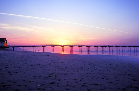 purple sunset - purple, beach, pier, sunset