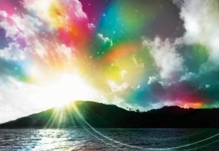 Rainbow Splash - clouds, hills, rainbow, colors, ocean, sky