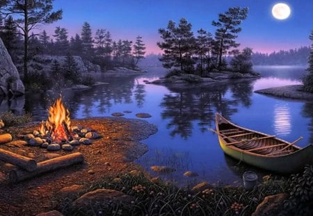 Moonlight Bay - lake, camp, night, fire, bay, painting, kim norlien, moonlight, boat