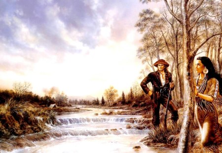 ROYO's PAINTING - river, hunter, painting, girl, luis royo, forest