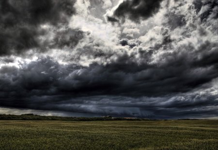 Dark Clouds Rolling In - clouds, flat, land, stormy, field, dark, sky