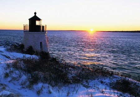 glorious lighthouse sunset in winter - winter, sunset, lighthouse, snow, sea