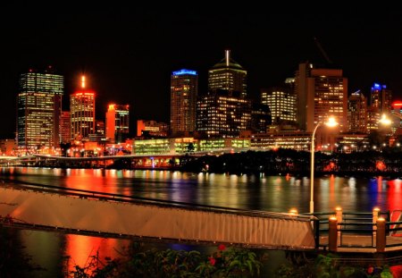 city river view at night - river, lights, ramp, skyscrapers, city