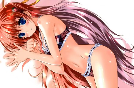 Cute Girl - underwear, strawberry, hot, hair, eyes, ribbons, brown, purple, yellow, dark, anime, orange, ribbon, cute, clip, sexy, background, girl, light, cyan, wallpaper, violet, hd, red, blue, bikini, blush, long, cleavage