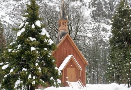 yosemite chapel in winter - winter, mountain, trees, chapel