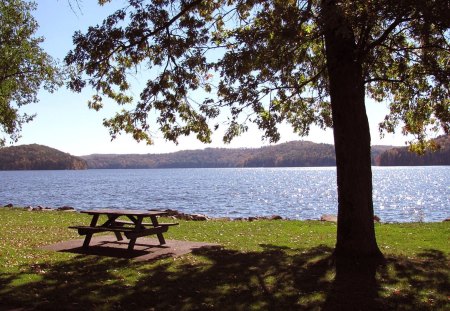 Lonely Picnic Table In October - water, nature, picnic, lake, tappan lake, picnic table