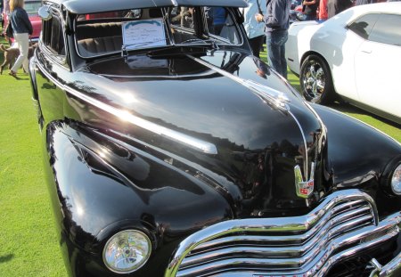 1946 Chevrolet Invermere car show BC - Canada - headlights, chevrolet, nickel, black, photography, red logo, green, grass