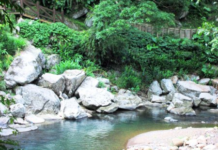 mountain trail and the stream - trail, stream, mountain, tree, rocks