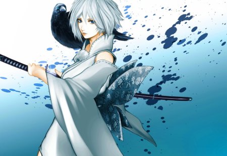 Niiyaso - sexy, hot, female, warrior, white dress, anime girl, crow, cool, katana, sword, japanese clothes, niiyaso, white hair