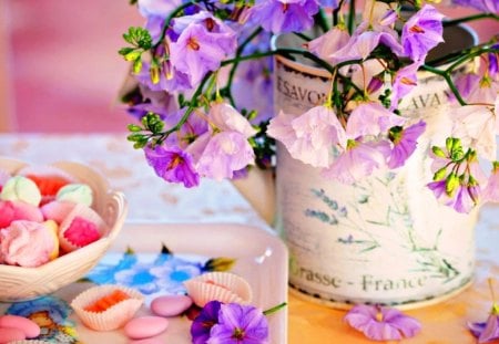 Candy and flowers - flowers, vase, white, nature, purple, pink, still life, candy