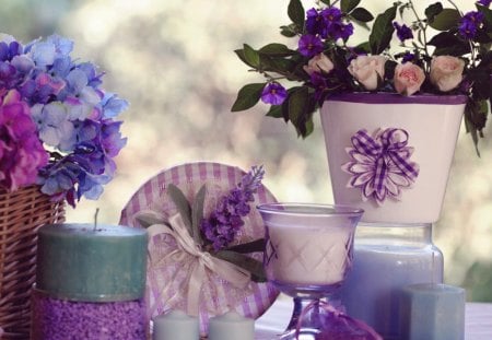 Arrangement with candles and flowers - roses, candles, hydrangeas, white, nature, purple, arrangement, blue, flowers