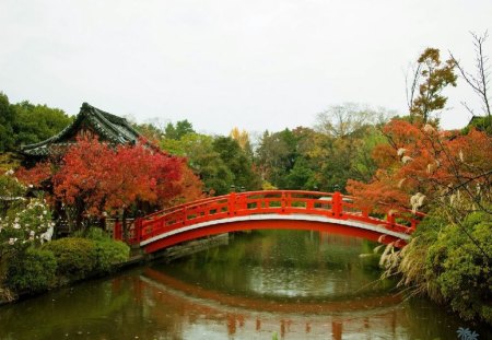 autumn in Kyoto - river, japan, autumn, garden, red, bridge