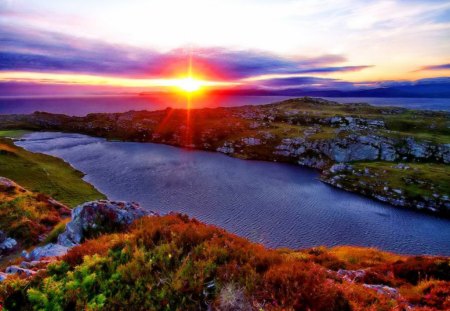 River sunset - nice, sky, sundown, sun, sunset, shine, calm, view, purple, reflection, glowing, river, clouds, rays, light, shore, lovely, serenity, nature, glow, beautiful, sunrise